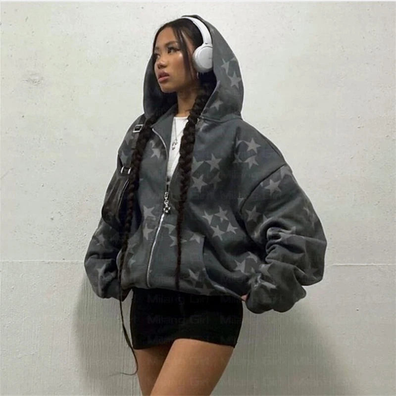 NEXT STREET Y2K Harajuku Star Zip Hoodie