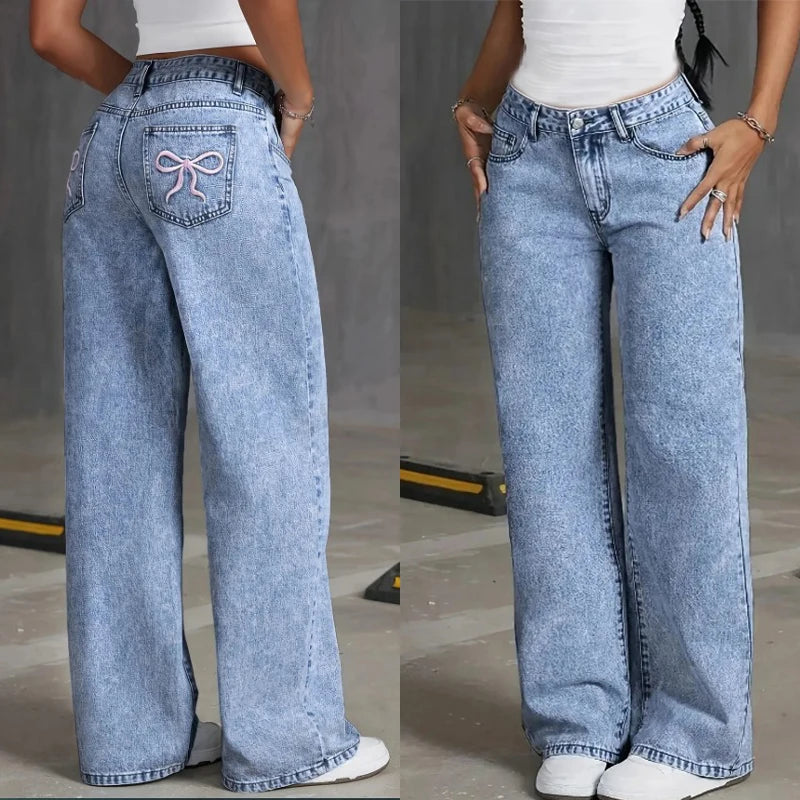 NEXT STREET Bow-Stripe Wide Leg Jeans