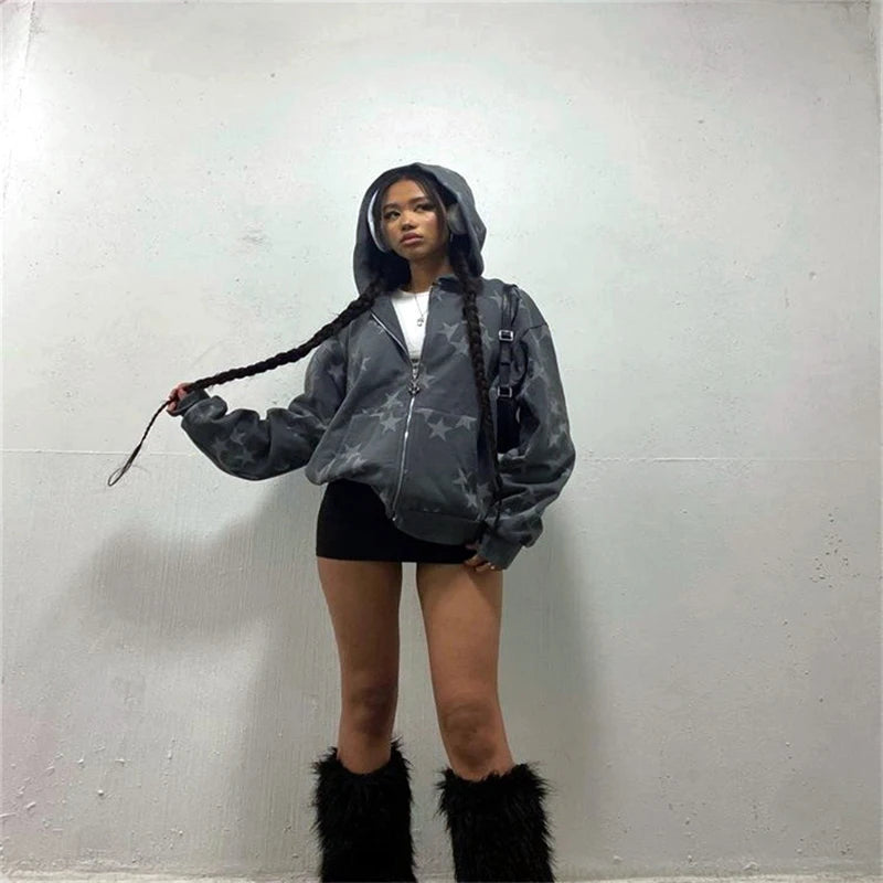 NEXT STREET Y2K Harajuku Star Zip Hoodie